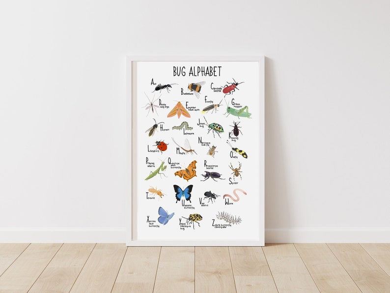 Käfer Alphabet Print, ABC Poster, Kinder Poster, Wanddeko, Kinderzimmer, Insekten, A-Z, Natur, Bunte Wandkunst, Lernposter Bild 1