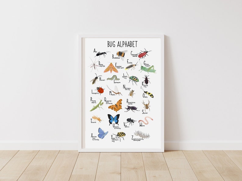 Bug Alphabet Print, ABC Poster, Children's Print, Wall Decor, Nursery, Insects, A-Z, Nature, Colourful Wall Art, Educational Poster image 1