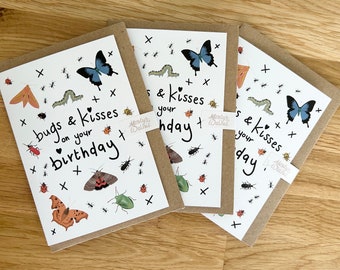 Bugs And Kisses On Your Birthday Greeting Card, A6 Greeting Card, Hugs And Kisses, Birthday Girl, Birthday Boy, Nature Lover