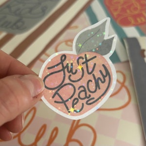 Just Peachy Waterproof Vinyl Sticker with Holographic Coating, Laptop Sticker, Long Wear Sticker, Water Bottle Sticker, Peach Sticker