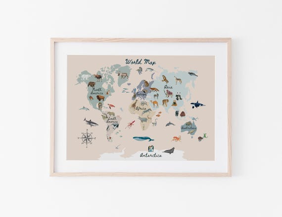 Pink Animals World Map Print, Kids Nursery Decor