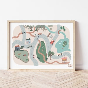 Little Road Map Print, Children's Poster, Kid's Wall Art, Map, Cars and Houses Pattern, Cars, Gender Neutral Decor, Wall Decor, Muted Tones image 2