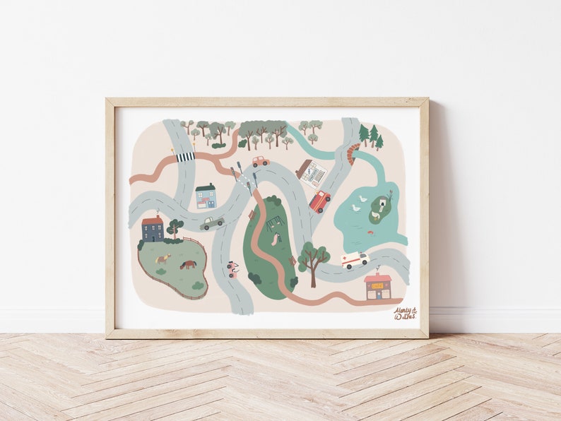 Little Road Map Print, Children's Poster, Kid's Wall Art, Map, Cars and Houses Pattern, Cars, Gender Neutral Decor, Wall Decor, Muted Tones image 2