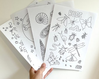 Instant Digital Download, Printable Colouring Pages, 4 x Designs, Shells, Bugs, Unicorns and Monty & The Walrus Logo, Bold Original Designs