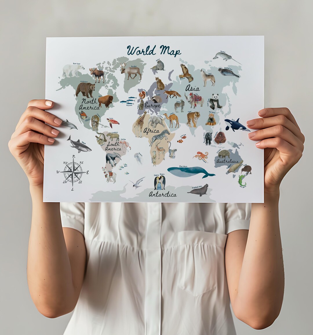Animals World Map Print, Kids Nursery Wall Art - Etsy