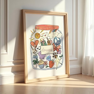 Girls Dreams Jar Art Print, Kinderposter, Kinderzimmer, Wanddekor, Regenbogen, Herzen, Erdbeeren, Eis, Wünsche und Träume, verträumt