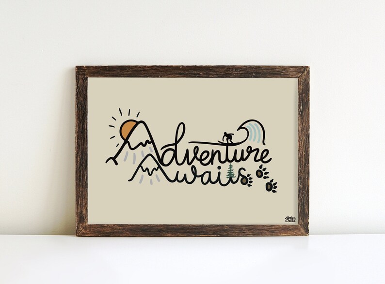Adventure Awaits Print, Adventure Wall Art, Outdoors, Inspirational Quote, Positive Poster, Childrens Wall Art, Kid Adventurer image 2