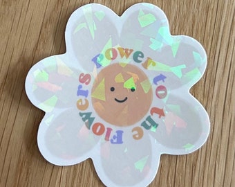 Smiley Flower Waterproof Vinyl Sticker with Holographic Coating, Kid’s Water Bottle Sticker, Long Lasting Sticker.