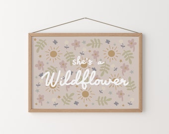 She’s A Wildflower Poster, Positive Affirmation Print, Kid’s Wall Art, Floral Designs, Pretty Wall Art, Girls Bedroom, Strong Girls