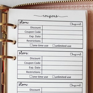 Printed | PERSONAL MM Medium size | Coupon Tracker Planner Inserts