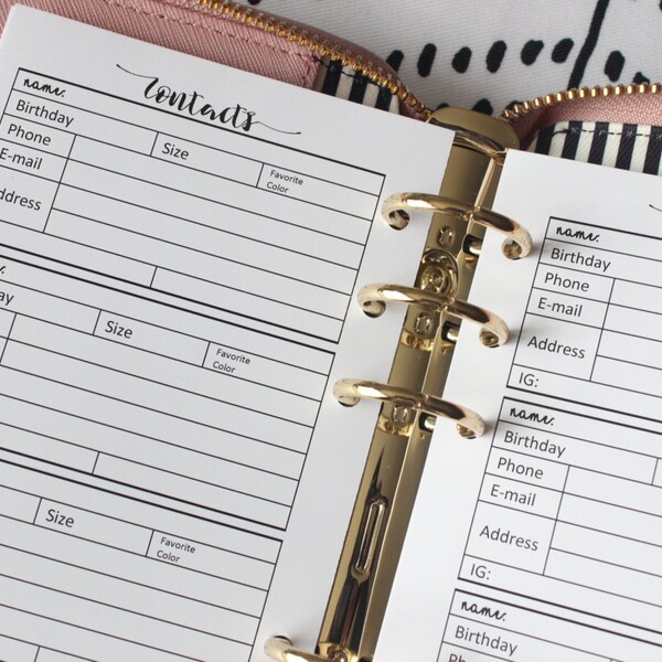 Printed | PERSONAL MM Medium Size | Contacts Address List  Planner Inserts