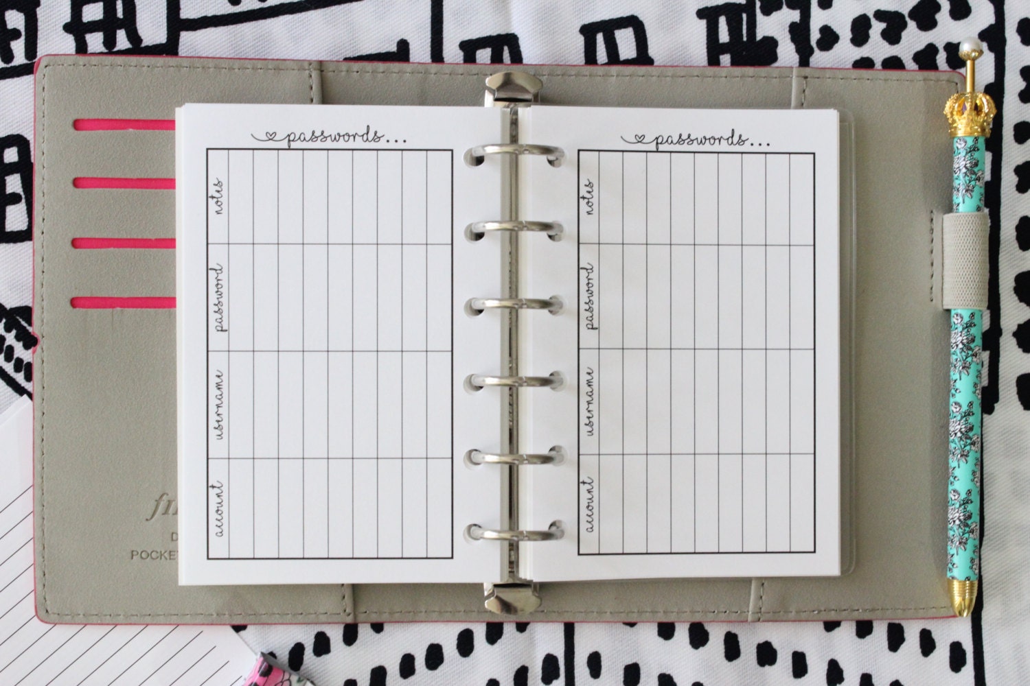 Printed | POCKET PM Small size | Password Tracker Planner Inserts
