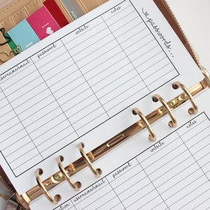 Printed | PERSONAL MM Medium size | Password Tracker Planner Inserts