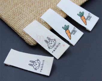 40mm Baumwoll-Nähetiketten Bedruckte Hase Karotte Baumwollanhänger DIY Accessoire für Babymütze, Schal, Handschuhe Verzierung
