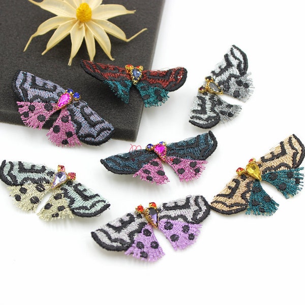 60mm Vintage Embroidered Moth Butterflies w/ Colored Claw Rhinestones