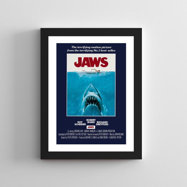 Framed Jaws Horror Film / Movie Poster Print A3 Size Mounted In A Black Or White Picture Frame (Polymer)