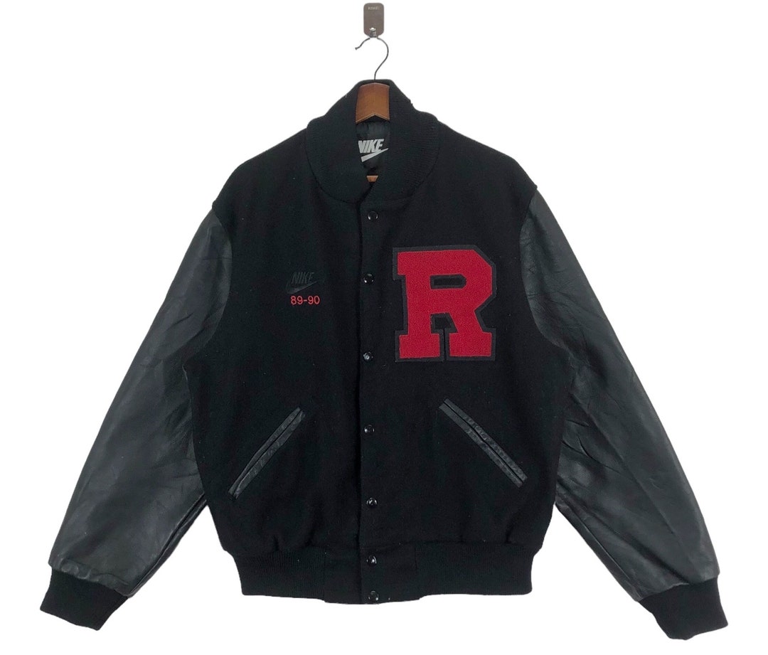 希少 90s NIKE black leather stadium jacket Vintage 89-90S Nike Sportswear Varsity Leather Black Bomber Jacket