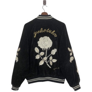 Vintage Sukajan Flowers Embroidery Velvet Bomber Jacket