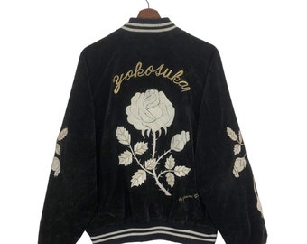 Vintage Sukajan Flowers Embroidery Velvet Bomber Jacket