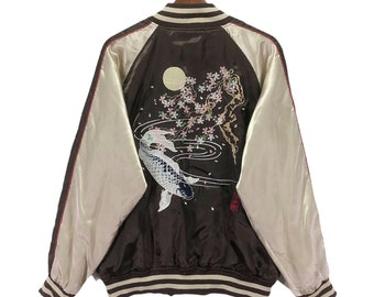 Vintage Sukajan Koi Fish Souvenir Japanskt märke satinjacka