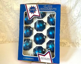 12 Coby Blue Satin Finish Glass Christmas Ornaments, Mid Century Christmas Balls, Vintage Made in USA Christmas Ornaments