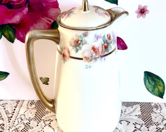 1920s Antique LDB & CO Prince Regent Bavaria Hand Painted Porcelain Floral Chocolate Pot,( LDB17 Peach Roses)