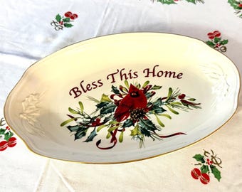 NOS Lenox Winter Greetings Christmas Oval Bread Tray, Bless This Home Occasional Tray