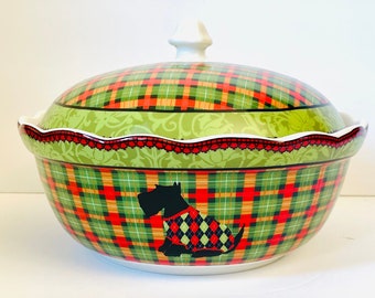 222 Fifth Christmas Scotty Argyle Casserole, Scotty Dog Casserole Dish, 222 Fifth (PTS) Plaid Serving Dish, Plaid Covered Casserole Dish