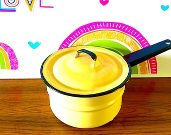 Small Yellow Enamel Saucepan, 1 Quart Metal Covered Saucepan, Yellow Enamelware Pan, Yellow and Black Enamelware Saucepan