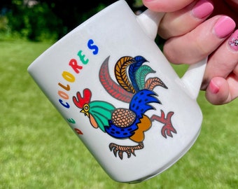 Groovy De Colores Rooster Coffee Mug, Rainbow Rooster Mug, Colorful Rooster Coffee Mug, Retro 1970s De Colores Rooster Cursillo Coffee Cup