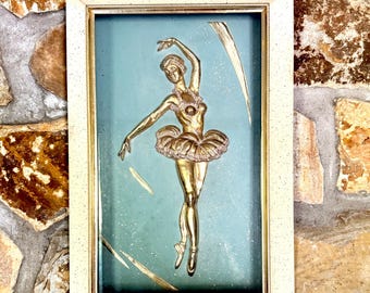 1950s 3D Shadow Box Ballerina Wall Art, Brass Relief Art Framed Ballet Dancer