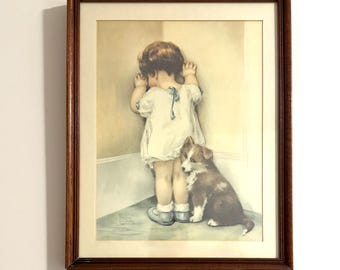 Vintage Bessie Pease Gutmann "In Disgrace" Famed Art Print, Girl Standing In Corner With Dog