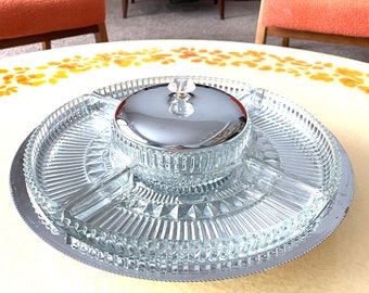 Kromex Cut Glass & Chrome Lazy Susan, Chrome and Glass Serving Tray, Lazy Susan Relish Tray, Lazy Susan Centerpiece, Revolving Serving Dish