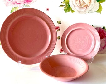 Cotton Candy Pink Furio 3 Piece Place Setting, Discontinued Furio Pink Banded Dinnerware, Flamingo Pink Ring 3 Piece Dinnerware Setting