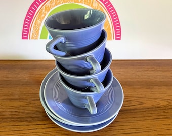 4 Homer Laughlin Harlequin Mauve Blue Cup and Saucers, Harlequin Periwinkle Tea Cup Saucers, 4 Flat Cup & Saucer Sets Harlequin Mauve Blue