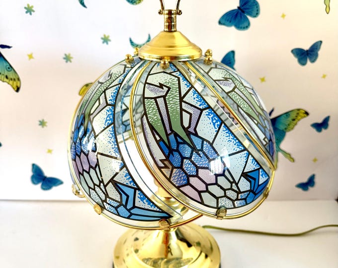 Featured listing image: 1980s 3 Way Faux Stained Glass Brass Touch Lamp
