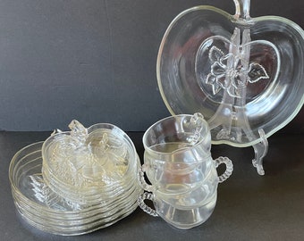 13 Piece Apple by ORCHARD Service for 4 Luncheon Set, Clear Glass Apple Blossom Tea Set, Apple Dessert Set, Glass Apple Dishes, Apple Bowl