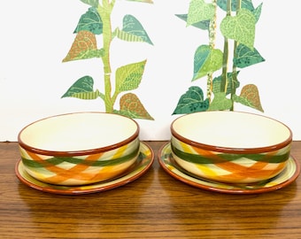 Homespun Metlox Poppytrail Vernon Salad Set, Vernon Ware Yellow Brown & Green Plaid Salad Bowls And Plates, Homespun Salad Bowls and Plates