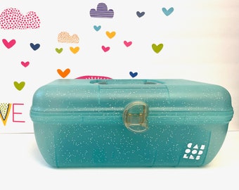 Aqua Glitter Caboodle Make-Up Case With Mirror, Caboodle Jellies Storage Case, Aqua Green Plastic Caboodle Case, Caboodle Craft Sewing Box