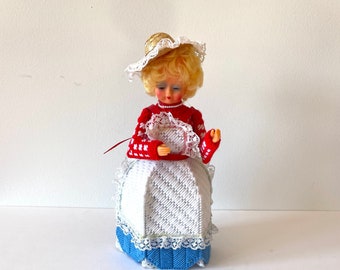 Vintage Handmade Plastic Canvas Tissue Paper Holder Doll, Plastic Canvas Toilet Paper Cover Doll, Toilet Roll Holder Doll