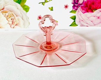 Cambridge Pink Depression Glass Decagon Center Handle Tray,  10.5' Pink Sandwich Plate, Pink Depression Glass Handled Dessert Serving Plate