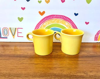 Pair Sunflower Fiesta Mugs, 2 Sunny Yellow Homer Laughlin Fiesta Coffee Cups, Two Sunflower Ring Handle Fiesta Coffee Mugs