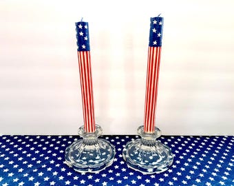 Vintage Hand-Painted American Flag Taper Candles, Patriotic, Wax | Approx 9.5 In, Set Of Two, Unused, Display Wear