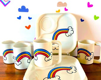 Ingrid Chicago, Vintage Rainbow Picnic Set | Melamine Dinnerware | 8.5" Square Plates, 4" Cups