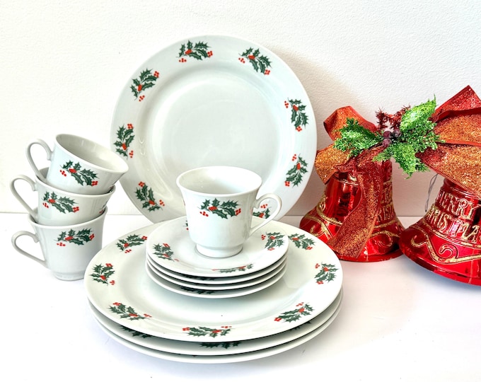 Featured listing image: Alco Holiday 12 Piece  Holly & Berry Christmas Dinnerware Set Service For 4