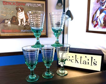 5 Vintage Libbey Sirrus Spanish Green Water Goblets