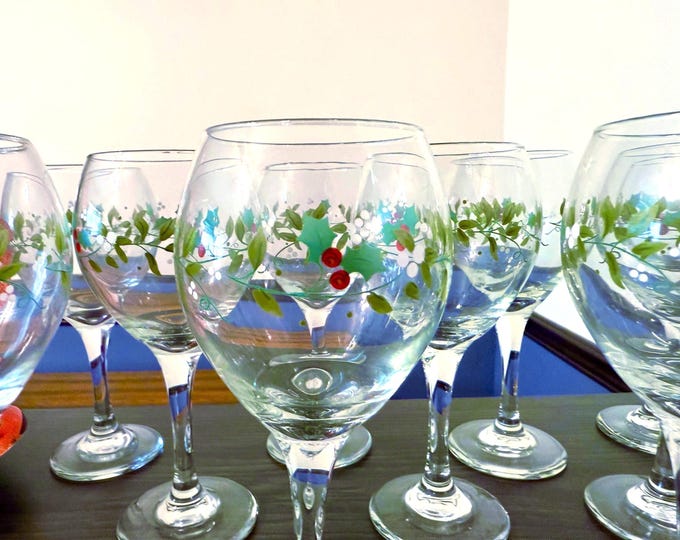 Featured listing image: 12 Pfaltzgraff 1990s Winterberry Wine Glasses, Christmas Water Goblets
