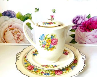 Harker Petit Point Coffee Pot and Plates, Harker Petit Point Dessert Set, Harker Hot Oven Petit Point Coffee Set, Vintage Floral Tea Set