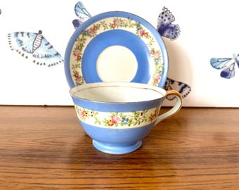 Periwinkle Blue Floral Tea Cup & Saucer, Berkshire Occupied Japan Hand Painted Cup and Saucer, Blue Fine China Floral Cup and Saucer