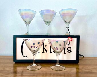 5 Vintage Bubble Art Glass Pasabahce Martini Glasses, Mid Century Iridescent Champagne Glasses, Iridescent Martini Glasses, 1960s Barware